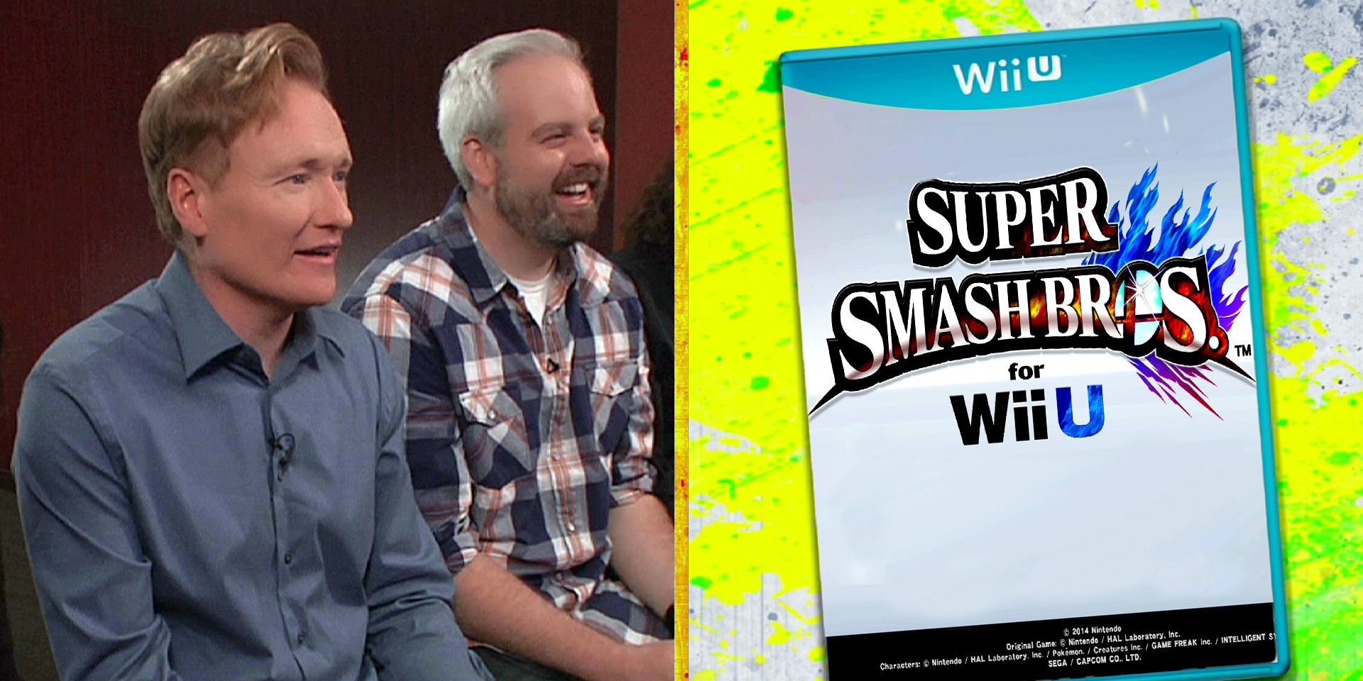 Conan O'Brien and Aaron Bleyaert play Super Smash Bros video game with the game case on the right on Conan.