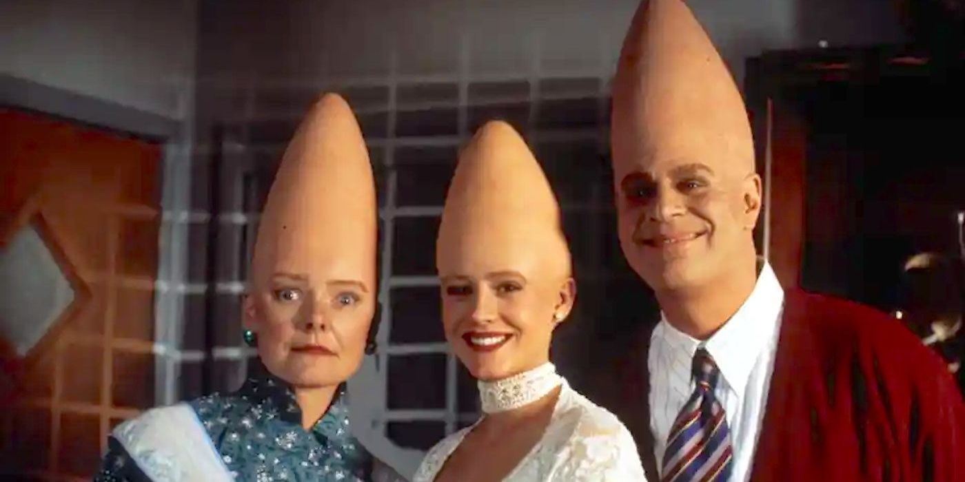 Prymatt, Connie and Beldar Conehead, played by Jane Curtin, Michelle Burke and Dan Aykroyd in Coneheads.