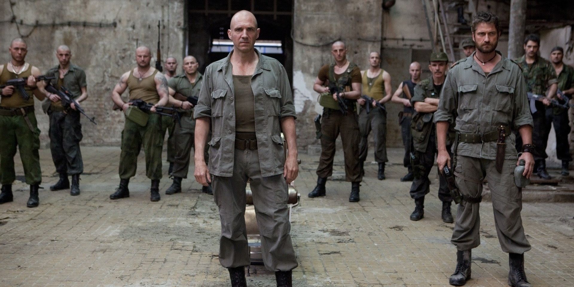 Coriolanus (Ralph Fiennes) and Aufidius (Gerard Butler) surrounded by soldiers in &lsquo;Coriolanus&rsquo;