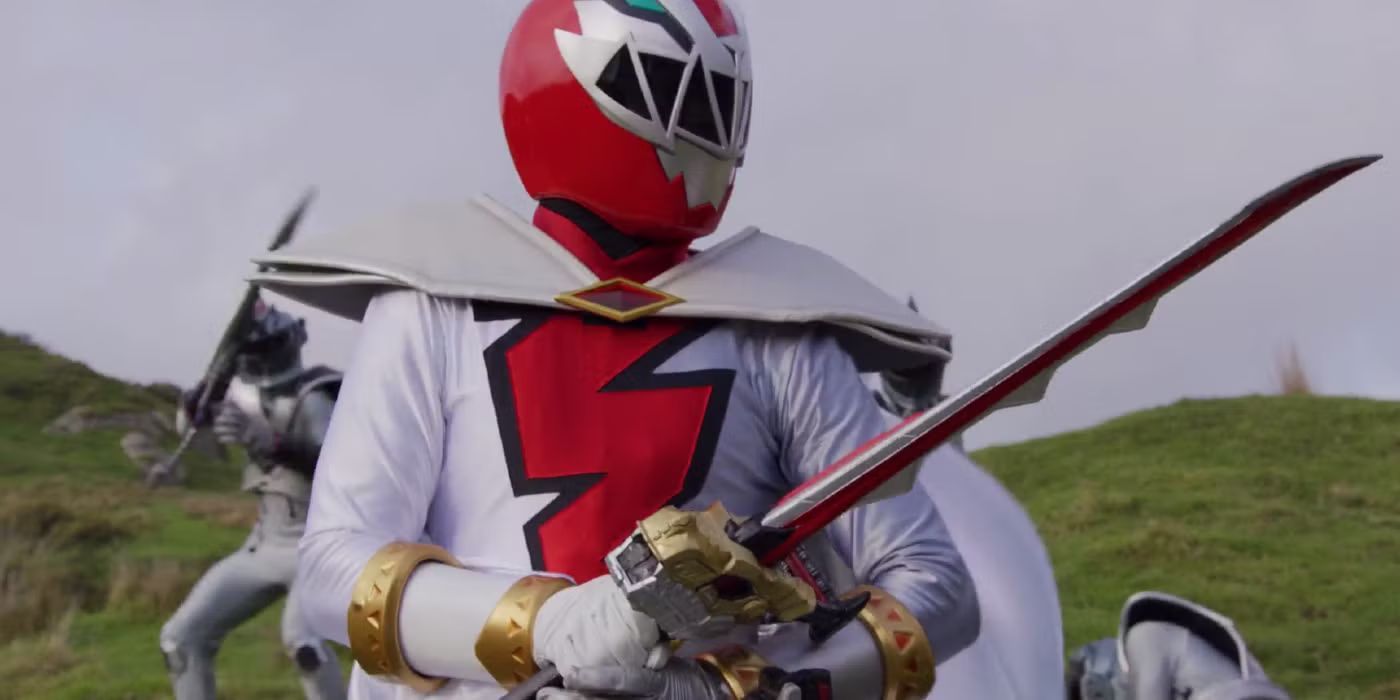 The Red Ranger wielding a sword in Power Rangers Dino Fury