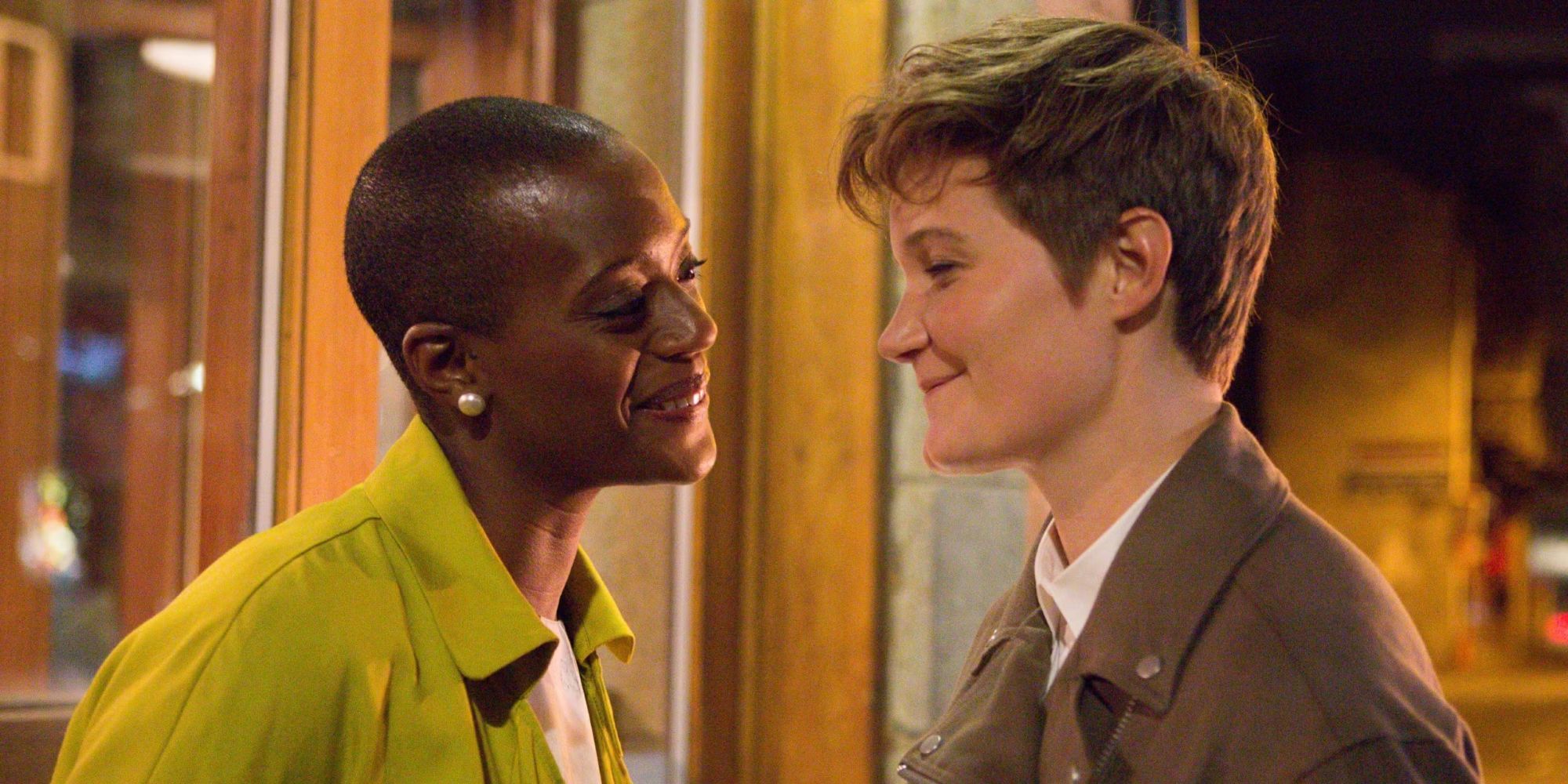 Charlie Covell as Amy smiling with T'Nia Miller as Kay in Banana.