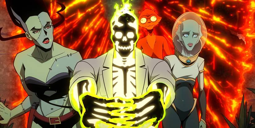 The Bride, Dr. Phosphorus, Weasel, and Nina Mazursky walking together through a fiery corridor in Creature Commandos