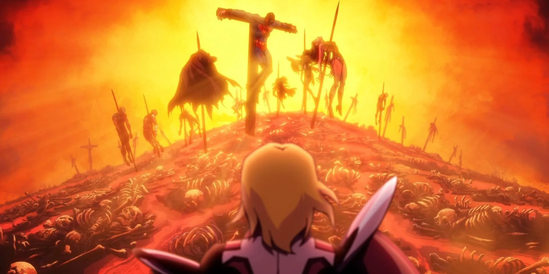 The future vision scene in Creature Commandos, feature Princess Ilana looking at the dead DC Universe heroes