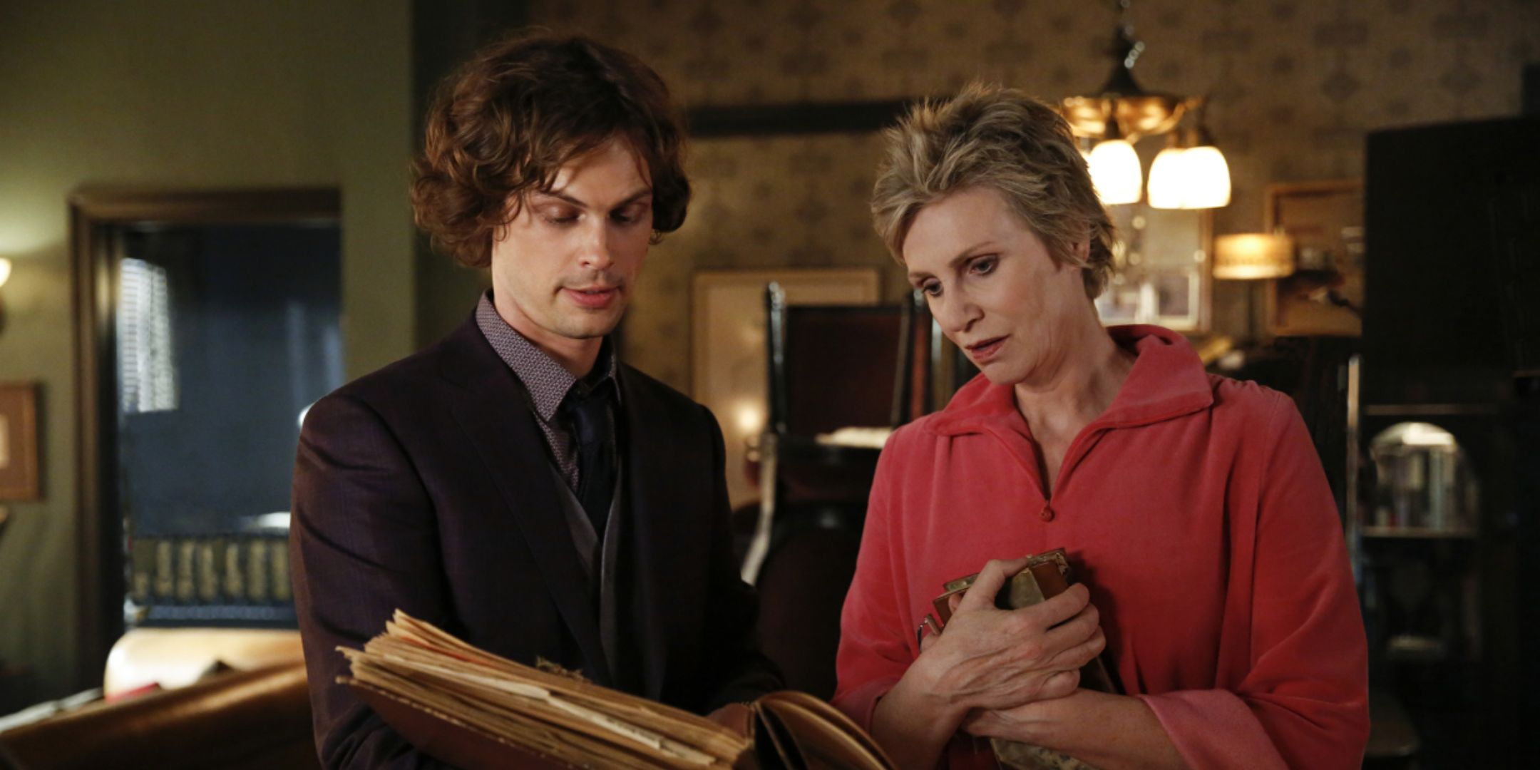 Matthew Gray Gubler as Spencer Reid and Jane Lynch as his mother in Criminal Minds.