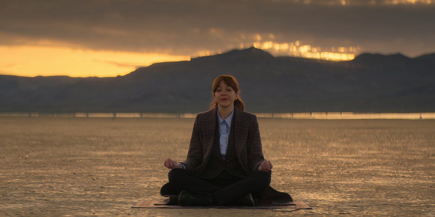 Philomena Cunk (Diane Morgan) tries to concentrate as she leads a peaceful guided meditation in &lsquo;Cunk on Life&rsquo;.