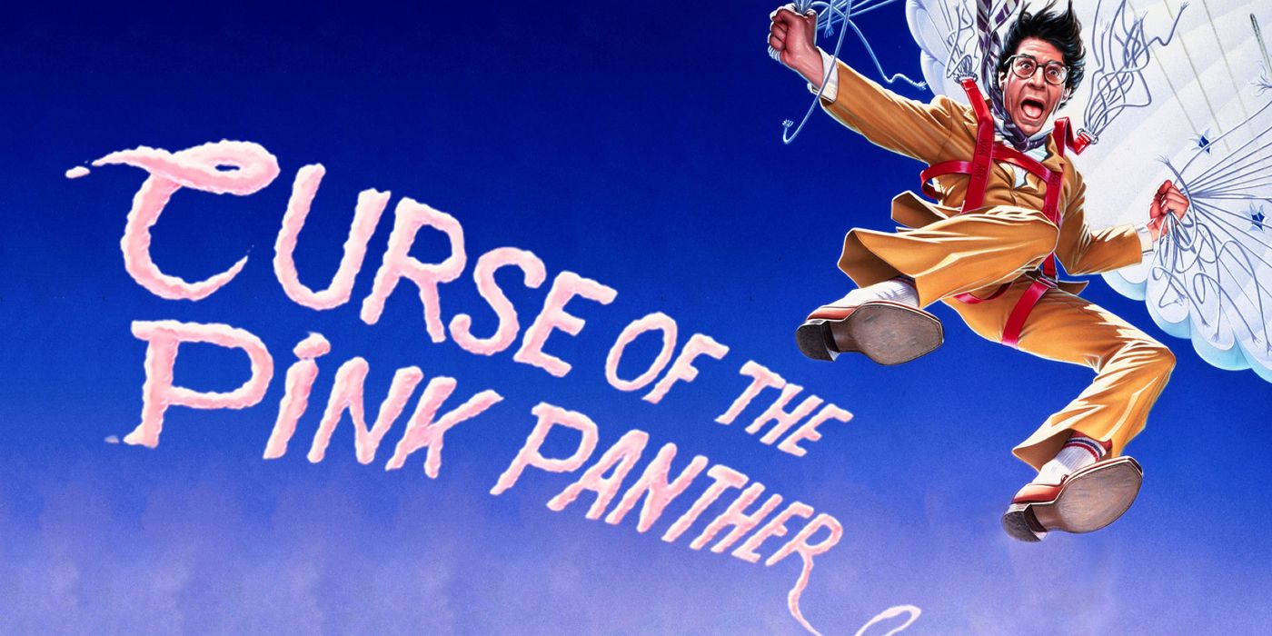 A man parashooting with the title card Curse of the Pink Panther