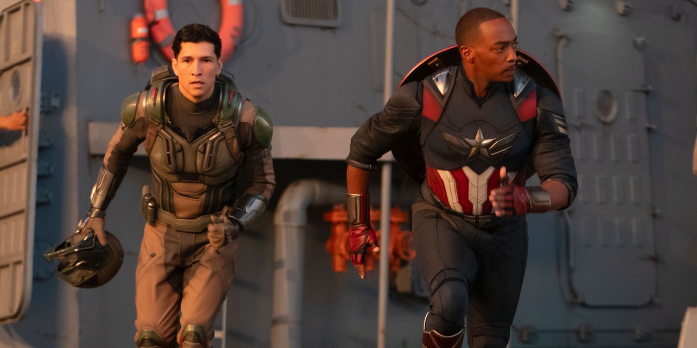 Joaquin Torres/Falcon and Sam Wilson/Captain America running into action in Brave New World.