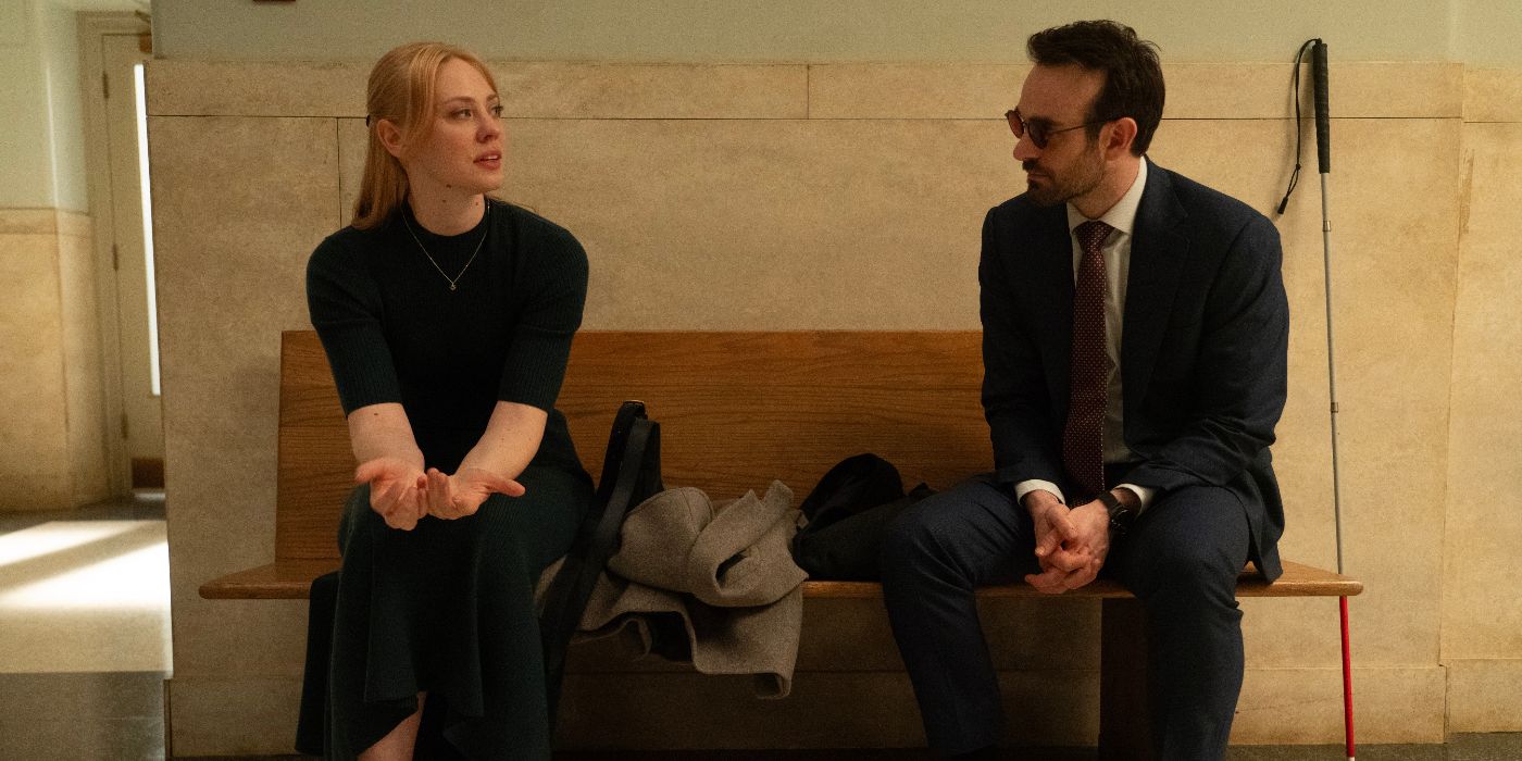 Matt Murdock (Charlie Cox) and Karen Page (Deborah Ann Woll) sitting on a bench in &lsquo;Daredevil: Born Again&rsquo;