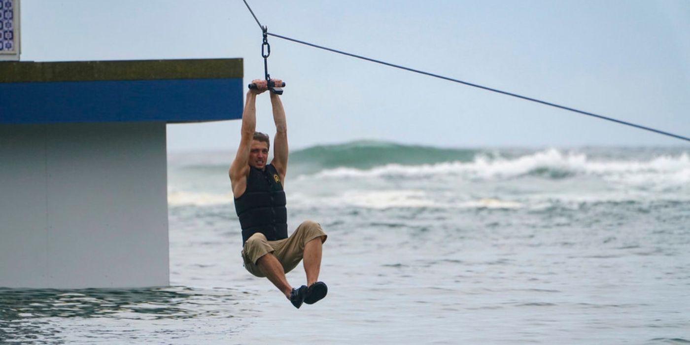 Luke ziplines during the first excursion on 'Deal or No Deal Island' Season 2.