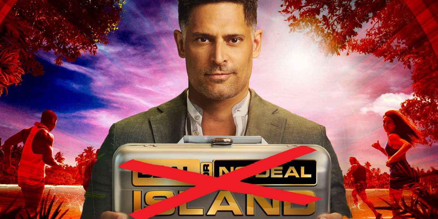 Deal or No Deal Island host Joe Manganiello holding a case with an X, as players run behind him