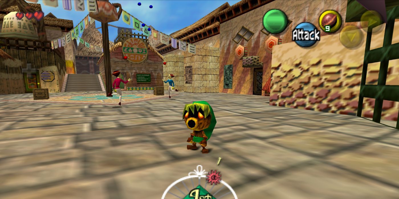 Deku Link in a town in The Legend of Zelda: Majora&rsquo;s Mask