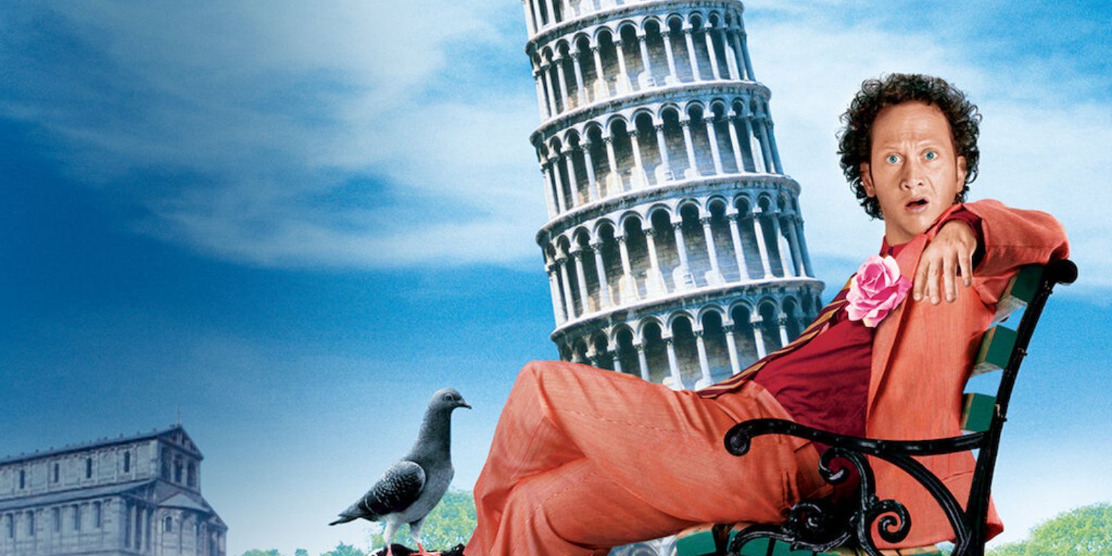 Rob Schneider with the Leaning Tower of Pisa behind him in the poster for Deuce Bigalow European Gigolo