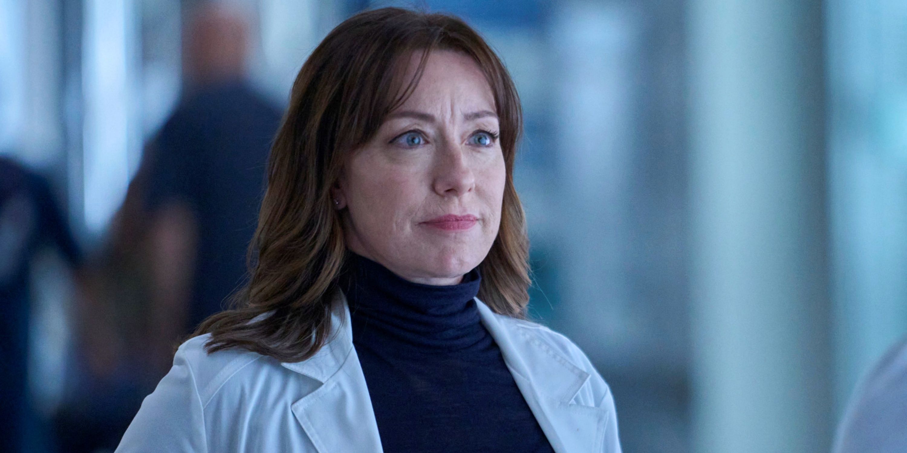 Molly Parker as Dr. Amy Larsen in her doctor's coat looking serious in Episode 1 of Season 1 of Doc