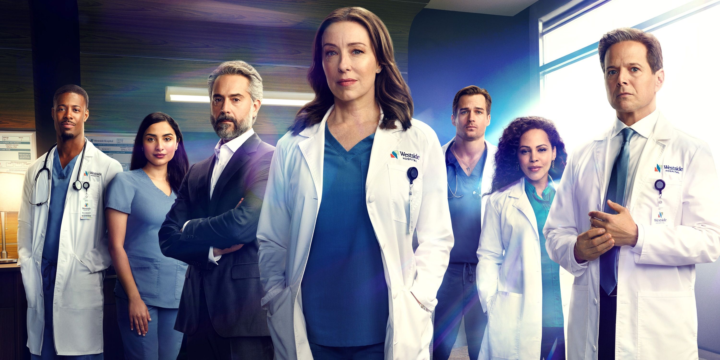 Molly Parker as Dr. Amy Larsen standing center with Omar Metwally, Scott Wolf and the cast of Doc