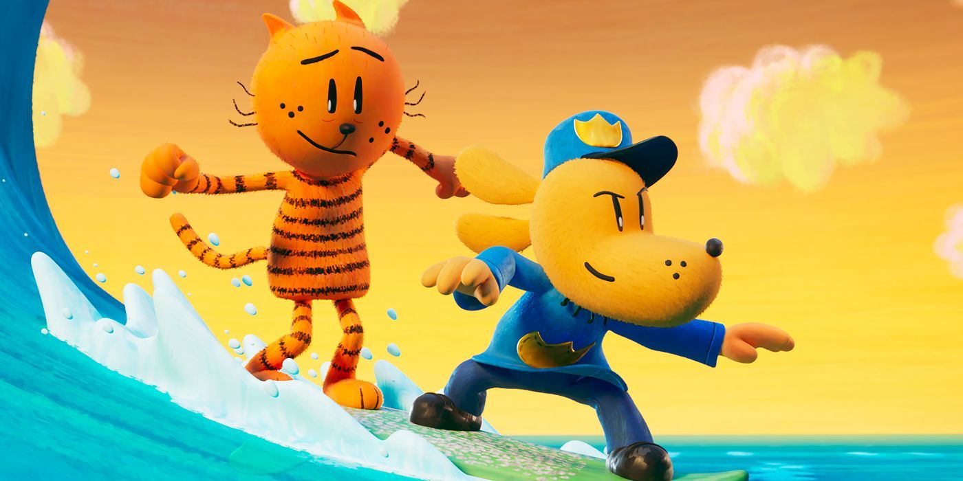 Petey the Cat and Dog Man surfing together.