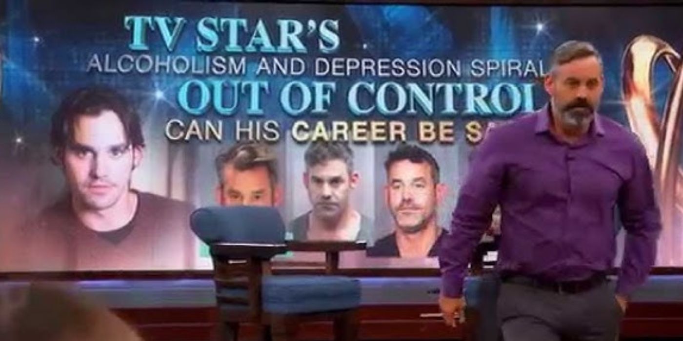 Buffy star Nicholas Brandon walks off the set with mug shots of him on display behind him on Dr. Phil.