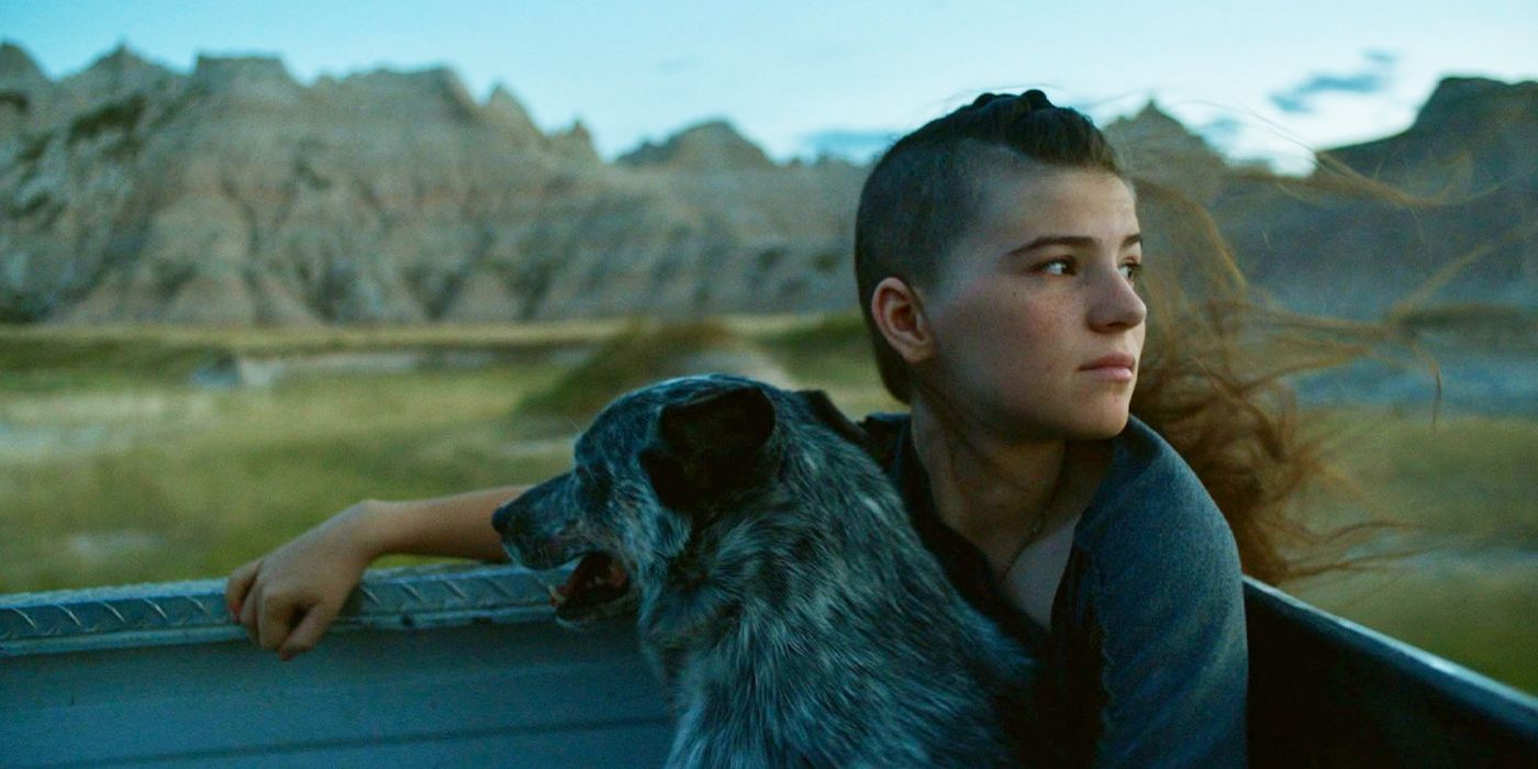 Porshia Zamiga in the back of a truck with a dog in East of Wall