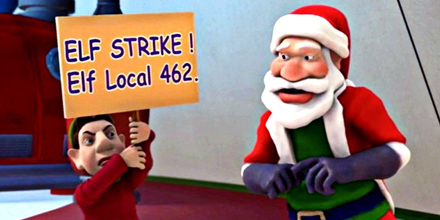 Santa stands next to an elf worker on strike.