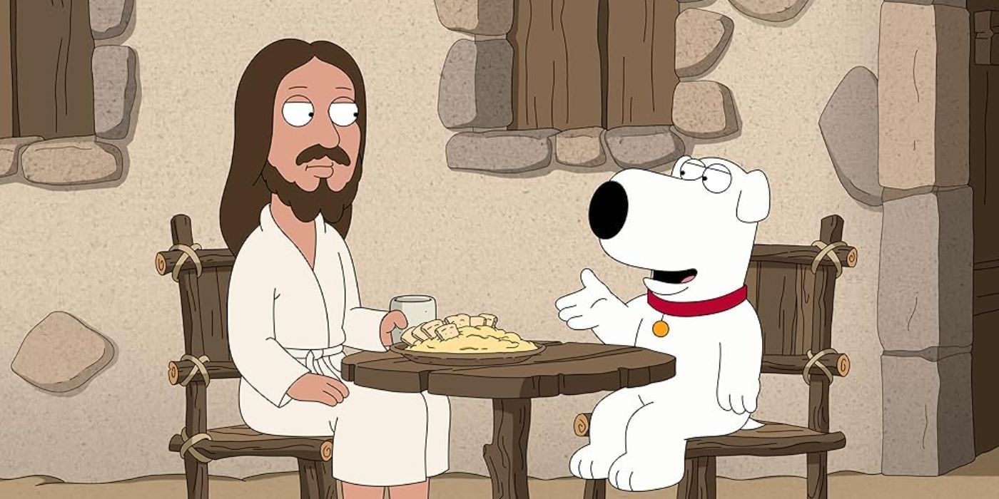 Jesus and Brian the dog sit at a table talking in Family Guy.