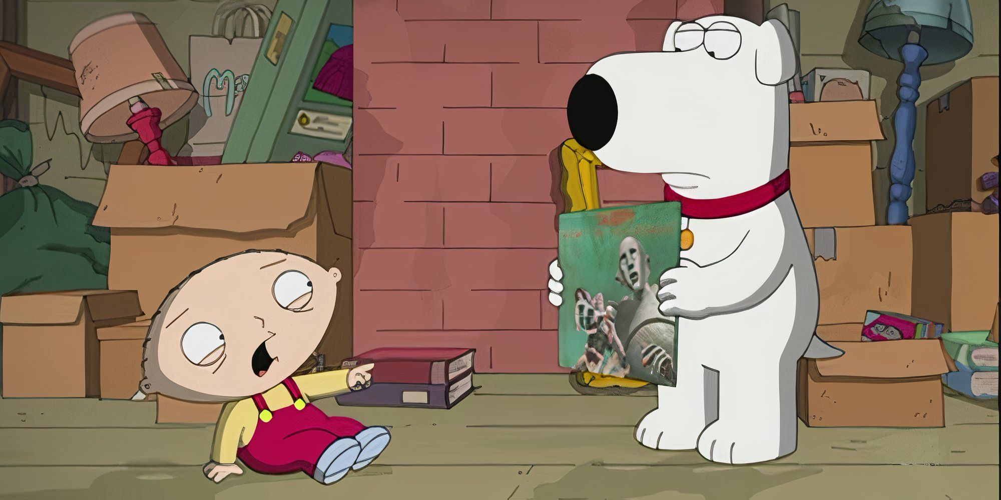 Stewie cowering and backing away from Brian who is holding a Queen album in Family Guy episode Killer Queen