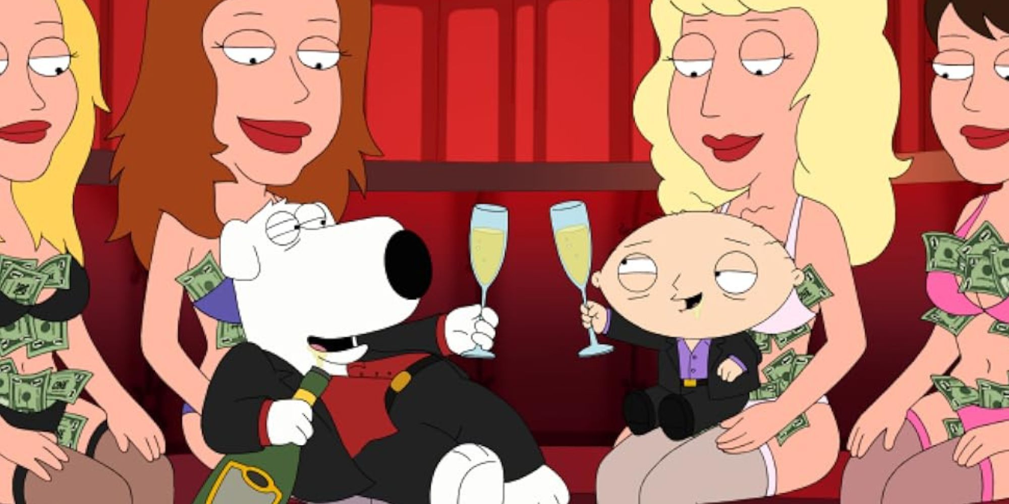 Brian and Stewie sitting on women&rsquo;s laps while drinking champagne in Family Guy episode Road to Vegas-1