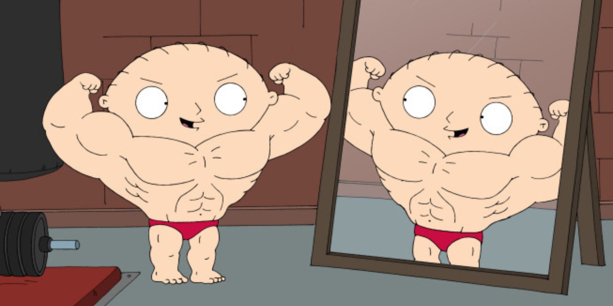A muscular Stewie flexing in a mirror in Family Guy episode Stew-Roids