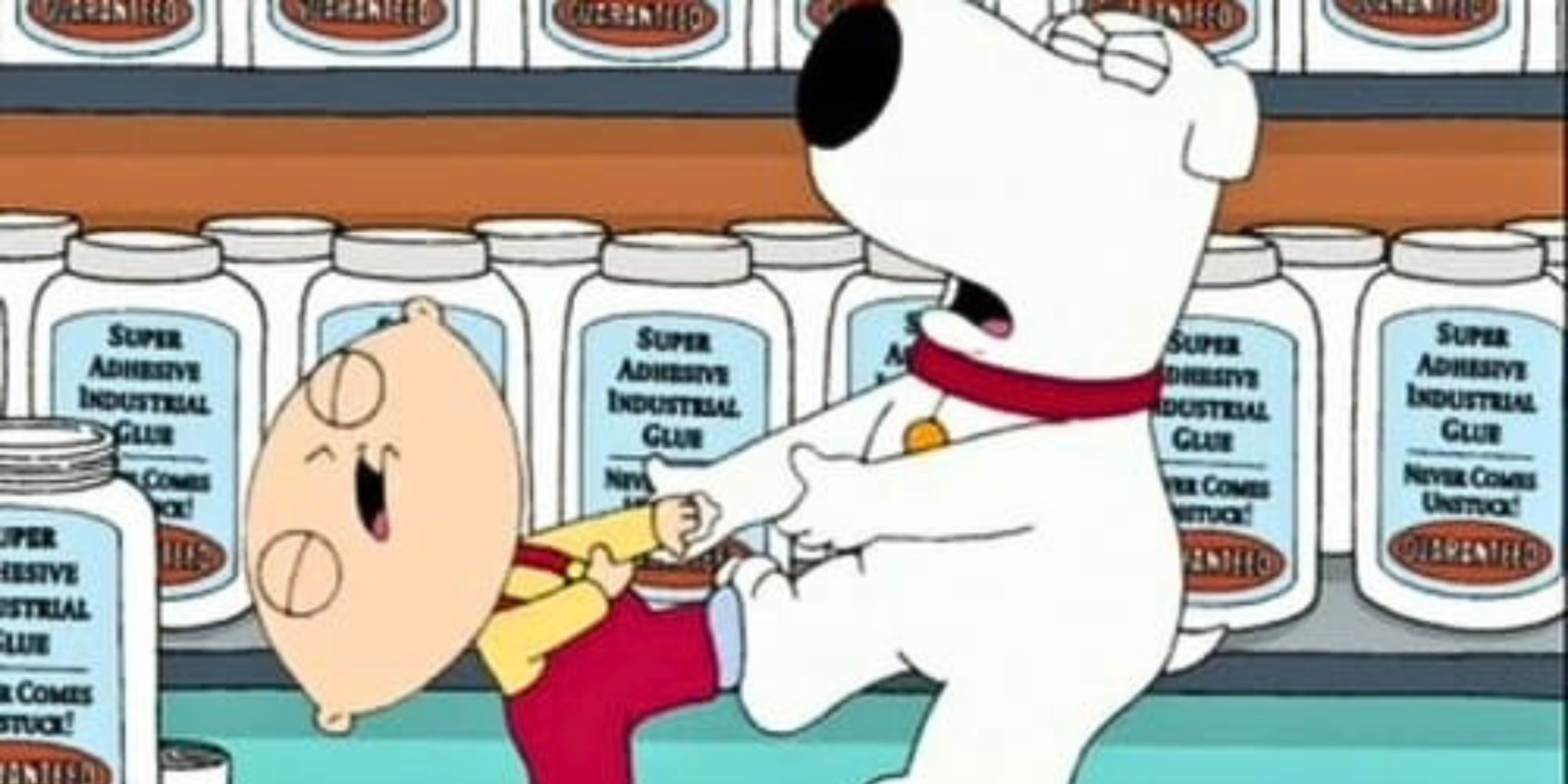 Stewie and Brian glued together and trying to pull away from each other in Family Guy episode Stuck Together, Torn Apart