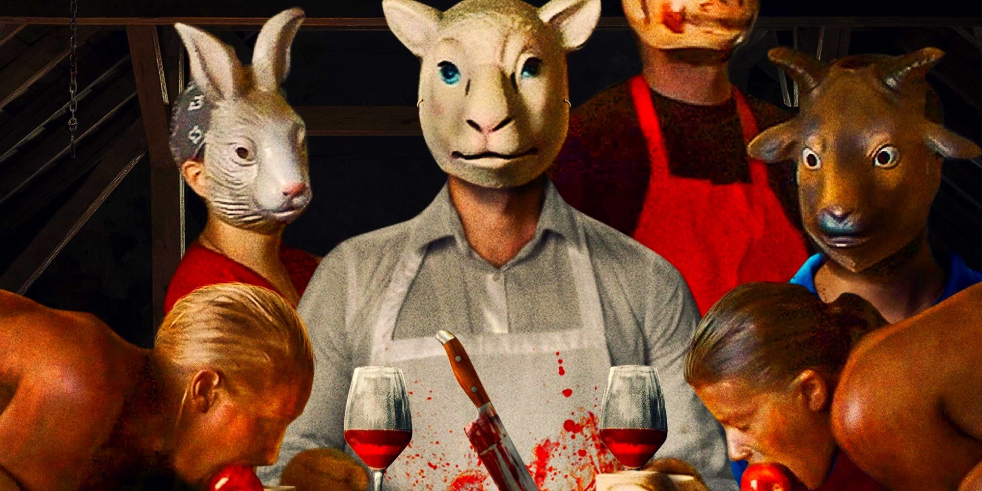 Four figures wearing animal masks and blood-stained aprons sat at a table where two women pose as suckling pigs.