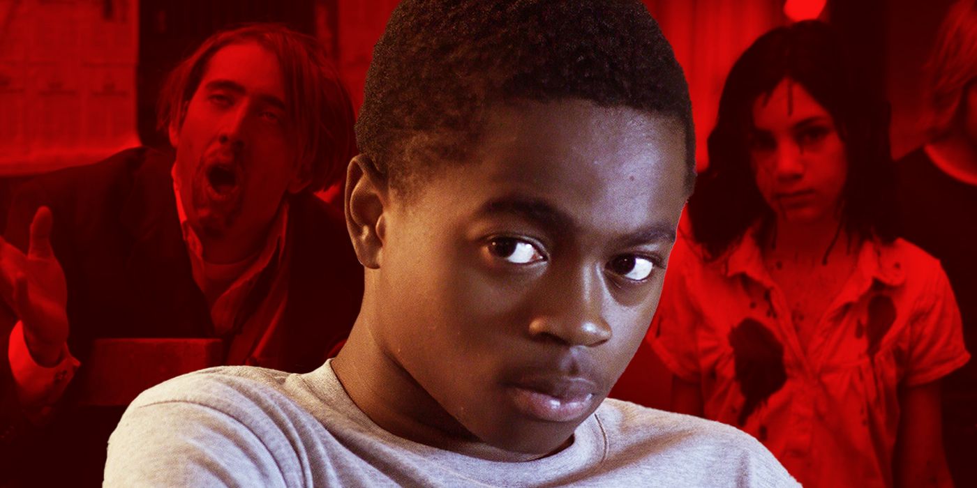 Milo, played by Eric Ruffin in The Transfiguration, with characters from Vampire's Kiss and Let The Right One In around him.