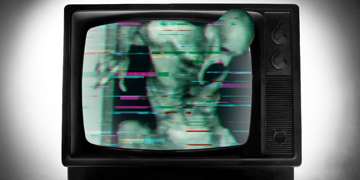A lanky, open-mouthed ghoul popping out of a television set.