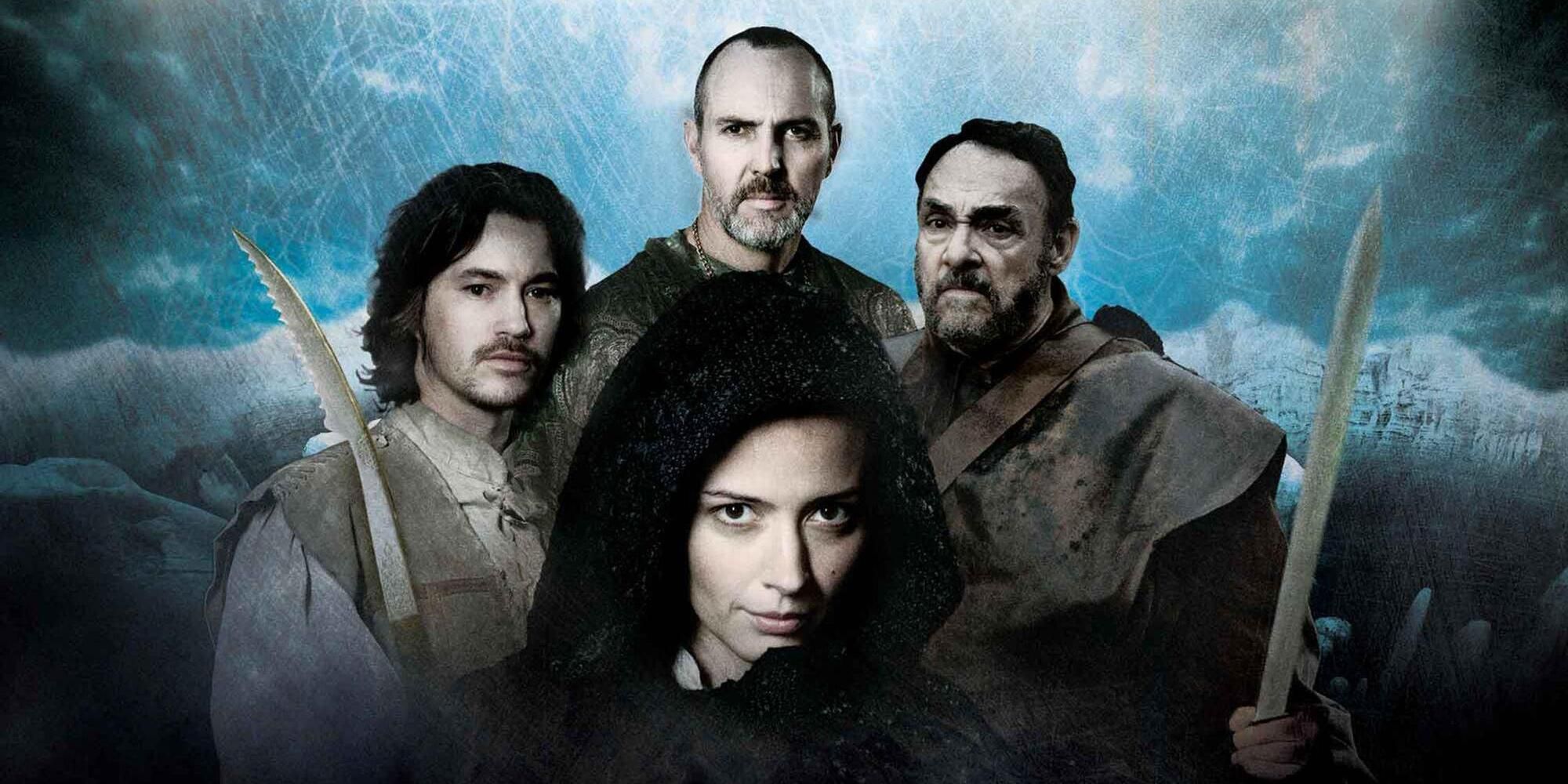 Amy Acker as Luisa, Tom Wisdom as Gabriel, John Rhys-Davies as Sangimel, and Arnold Vosloo as King Augustin on the poster for &lsquo;Fire and Ice: The Dragon Chronicles&rsquo;