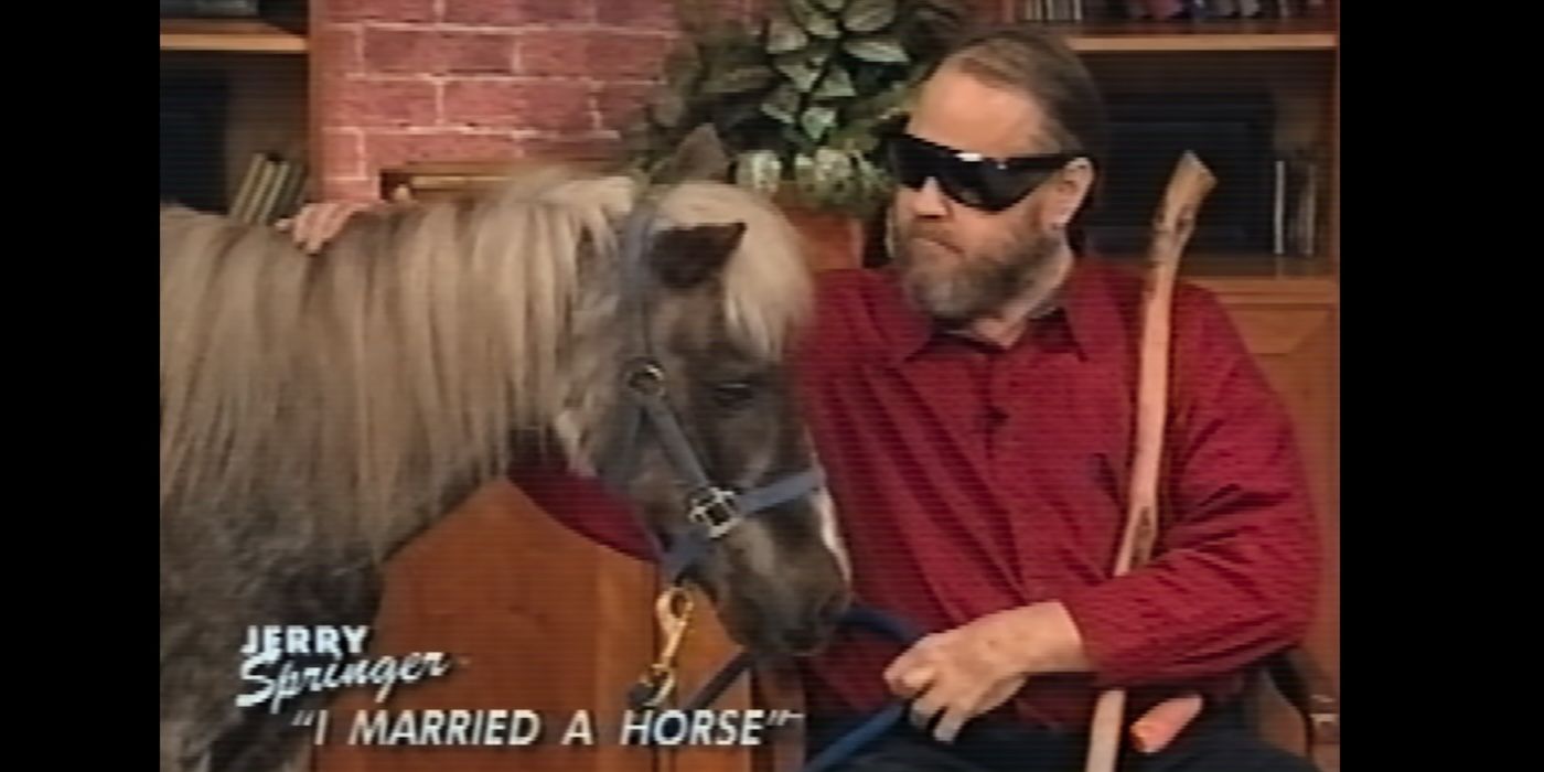 A clip from 'The Jerry Springer Show' featuring the guest who married a horse shared on 'Jerry Springer: Fights, Camera, Action'