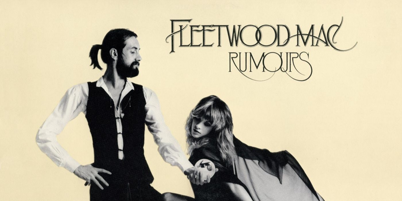 The members of Fleetwood Mac pose in black and white outfits on the album cover for 'Rumours' (1977).