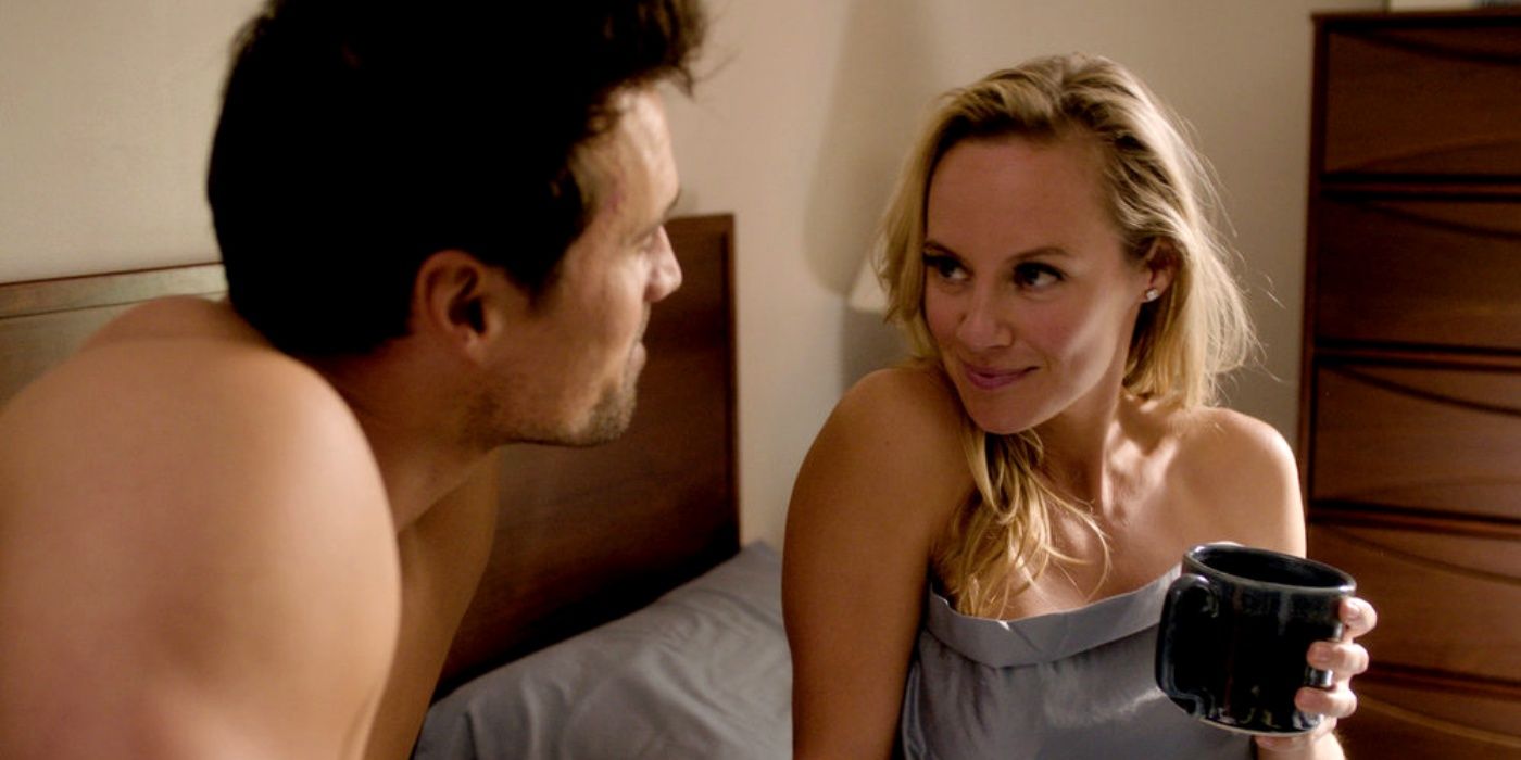 Brett Dalton as Detective Trent in bed with Danielle Savre as Heather in Season 2 of Found