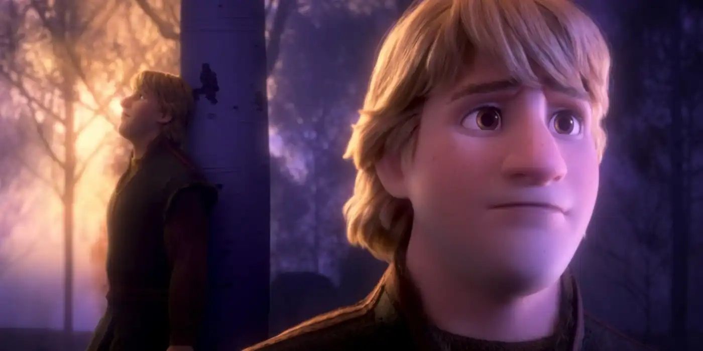 Kristoff looks forelorn during his Lost in the Woods song in Frozen 2.