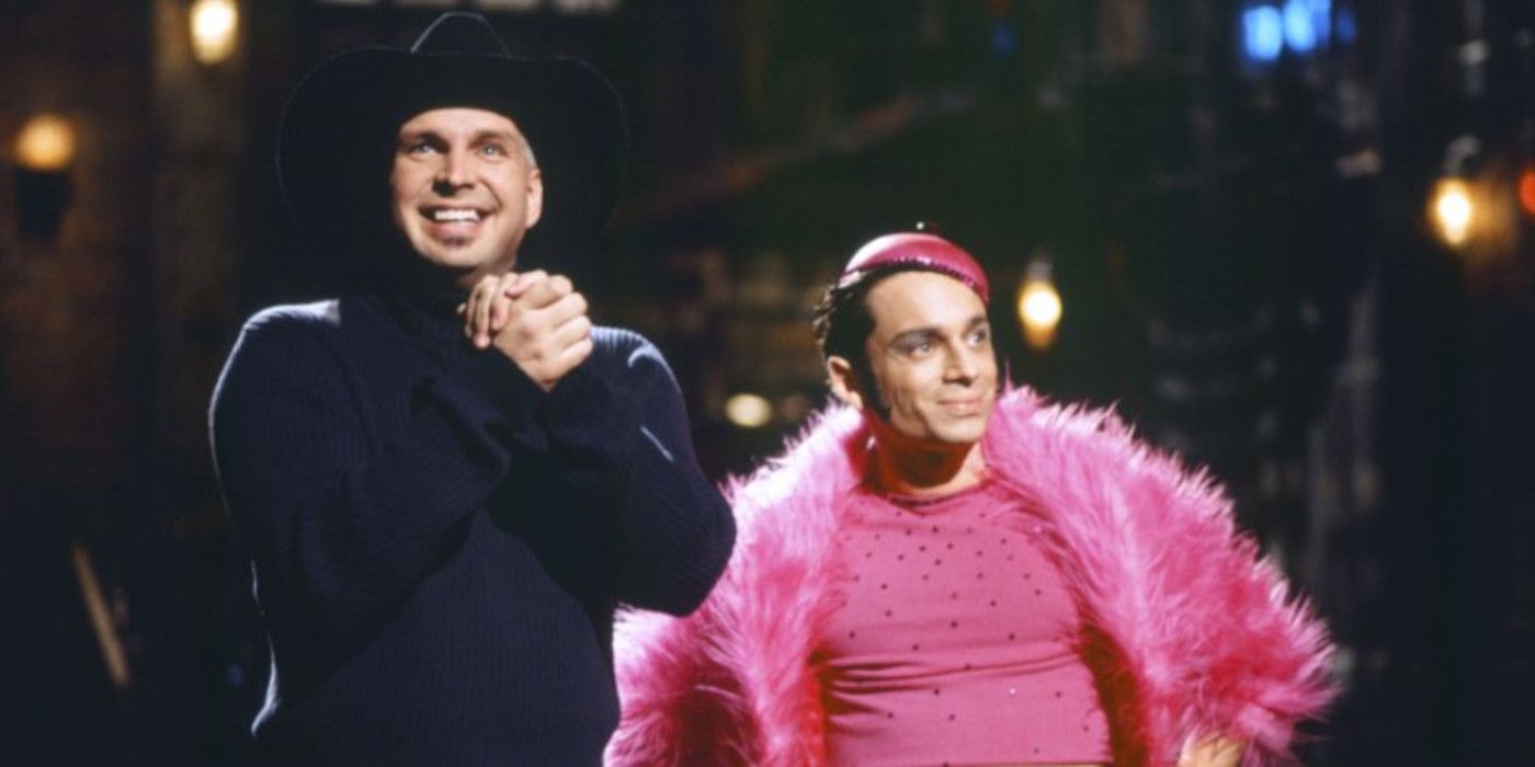 Garth Brooks stands next to Chris Kattan as Mango while hosting Saturday Night Live.