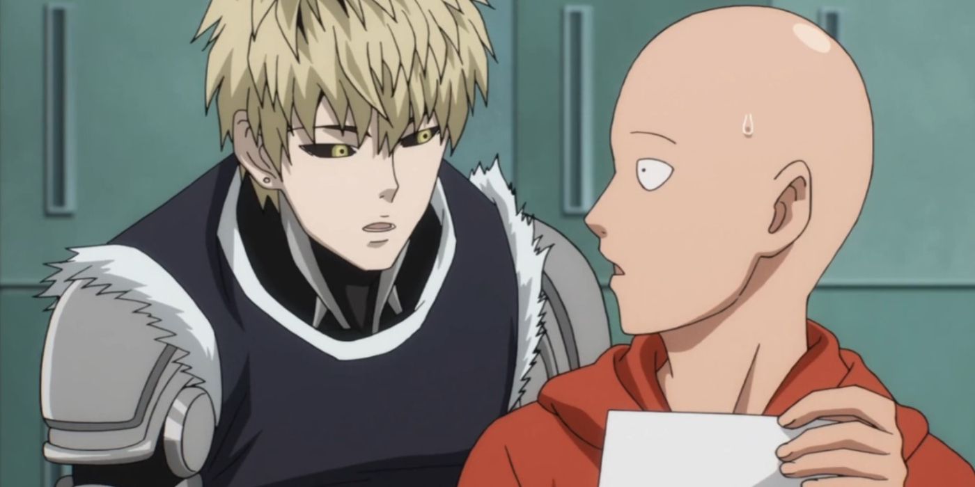 Genos stands behind Saitama who looks nervously at the hero aptitude test results in One Punch Man.