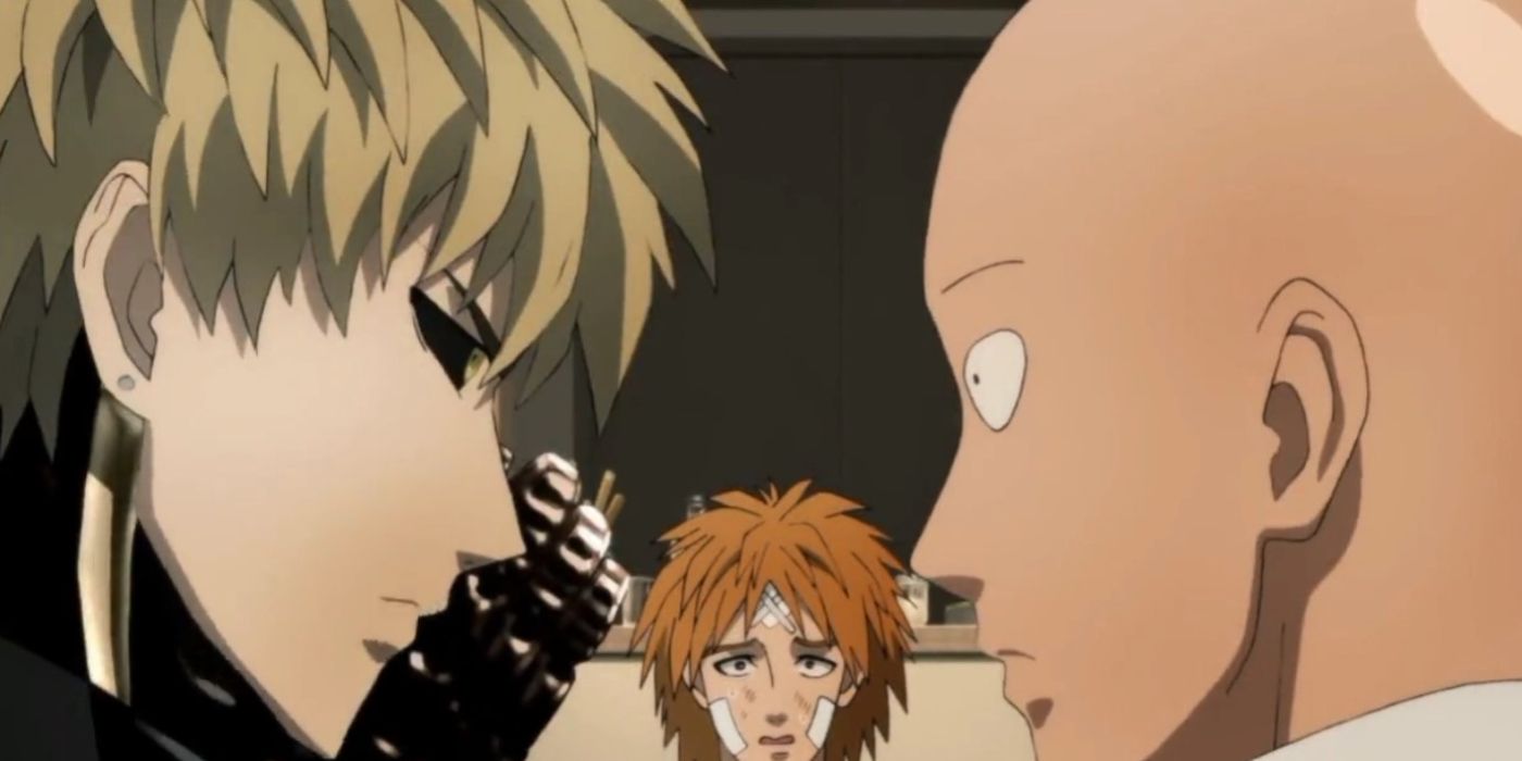 Genos covering his mouth to tell something to a shocked Saitama in front of a bandaged hero in One Punch Man.