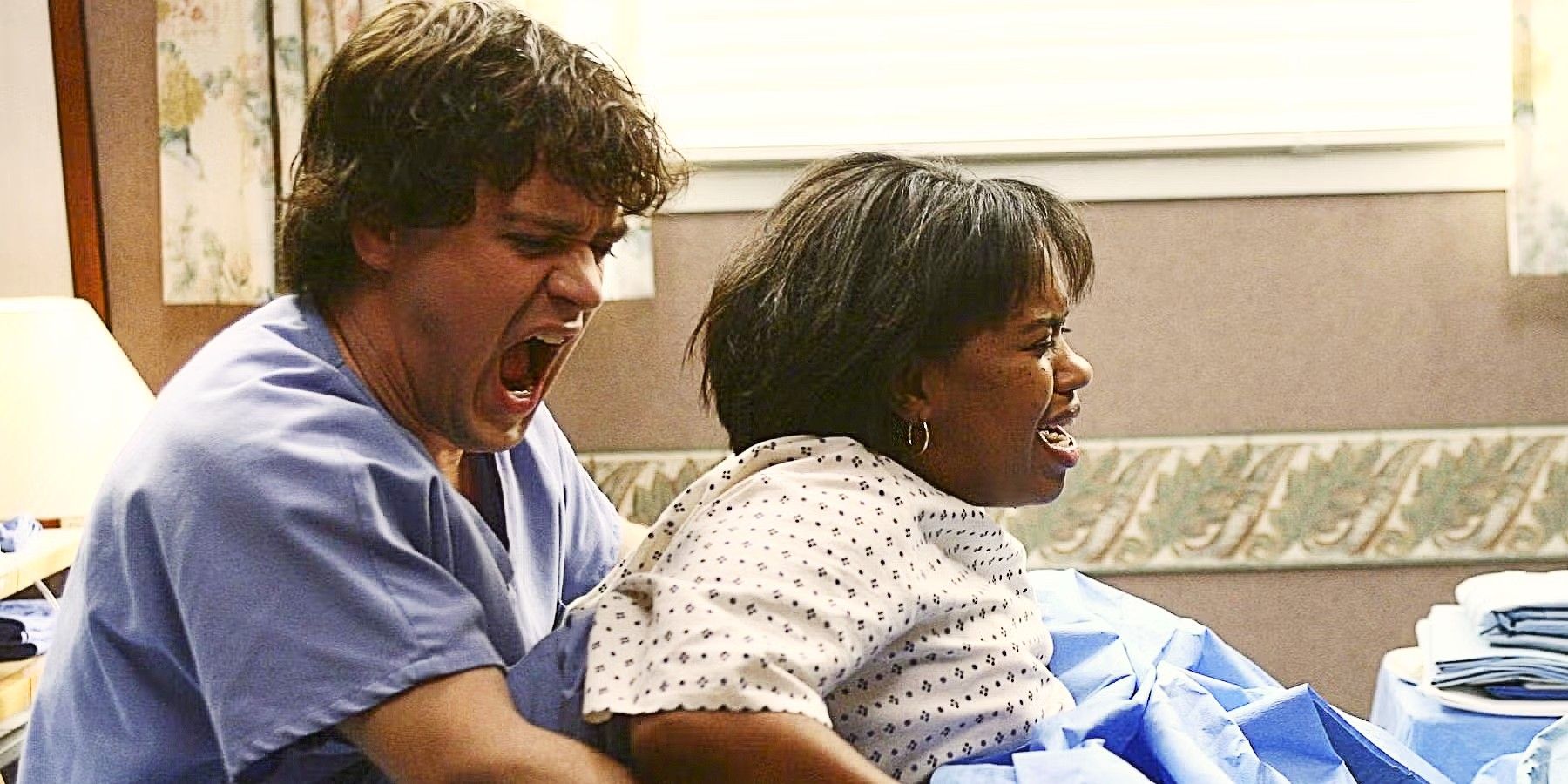 George O'Malley helping Miranda Bailey deliver her baby in Season 2 of Grey's Anatomy.