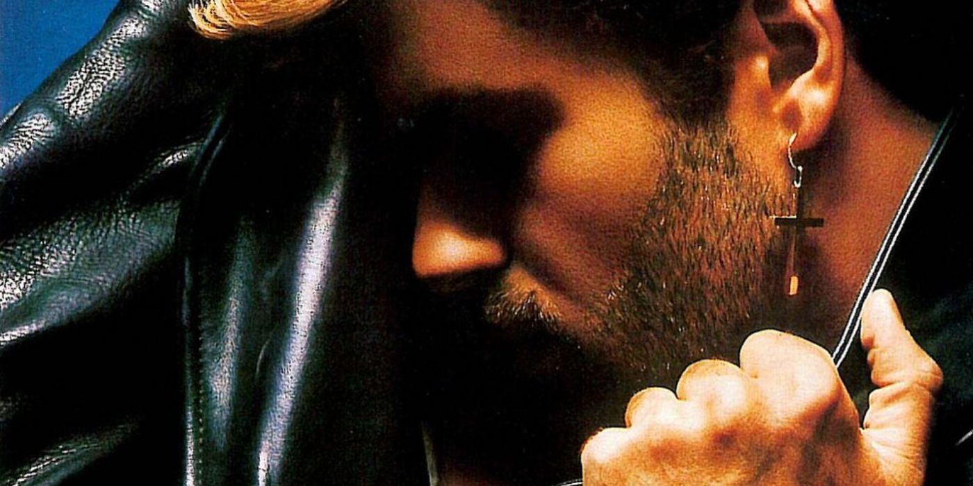 George Michael wears a cross earring and leather jacket and poses on the album cover for Faith (1987).