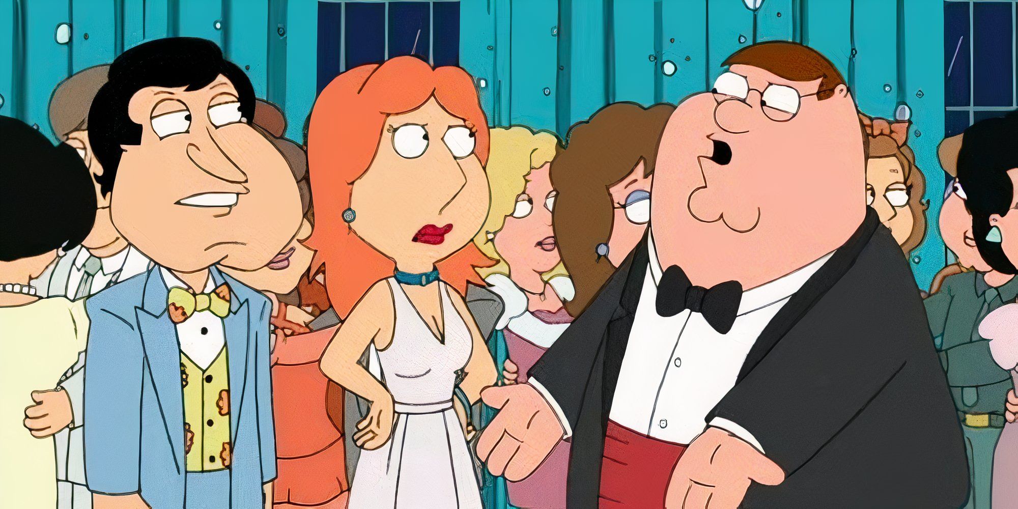 Glenn Quagmire standing next to Lois Griffin while both looking at Peter Griffin in Family Guy episode Meet the Quagmires