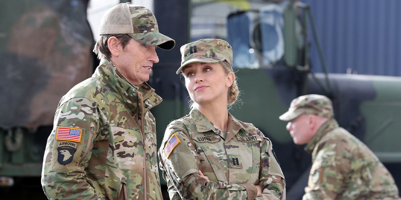 Denis Leary and Taylor Misiak are wearing US Army uniforms and delegating on a service base in Stroopsdorf in a scene for Going Dutch Season 1.