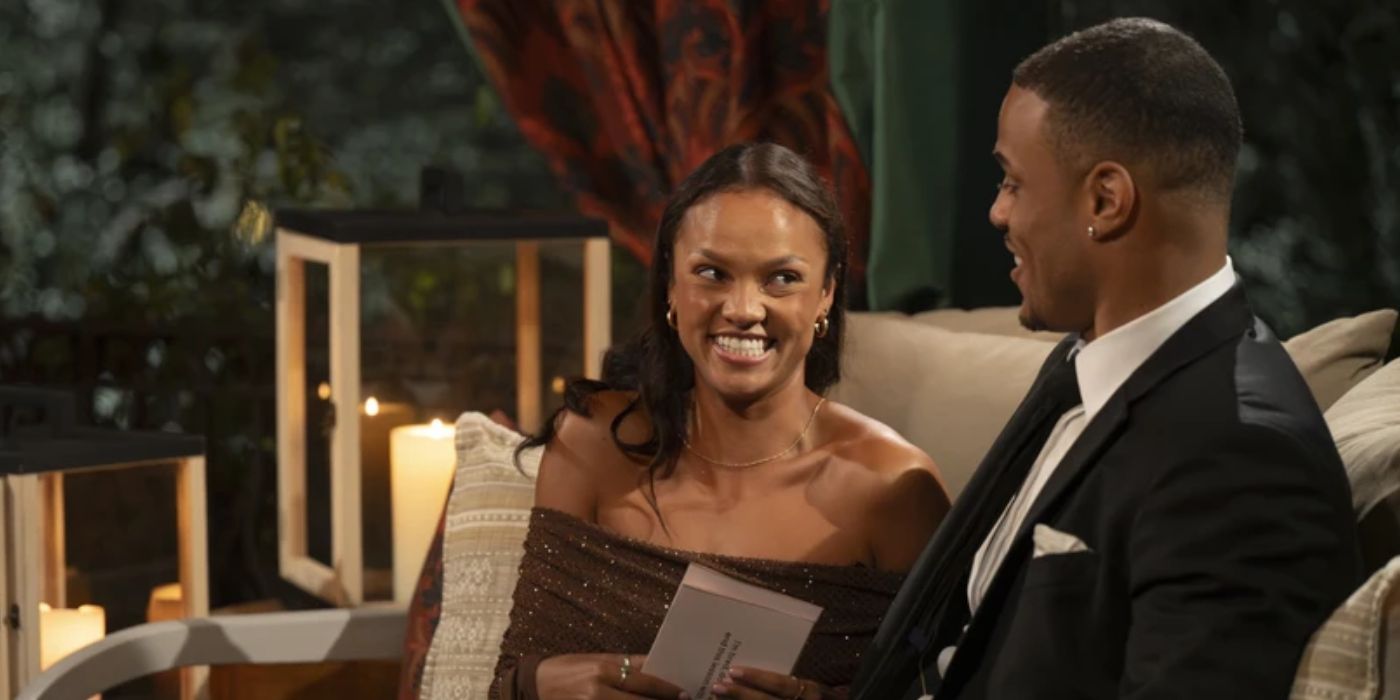 Grant Ellis and Alexe sitting together and smiling in &lsquo;The Bachelor&rsquo; Season 29 premiere.