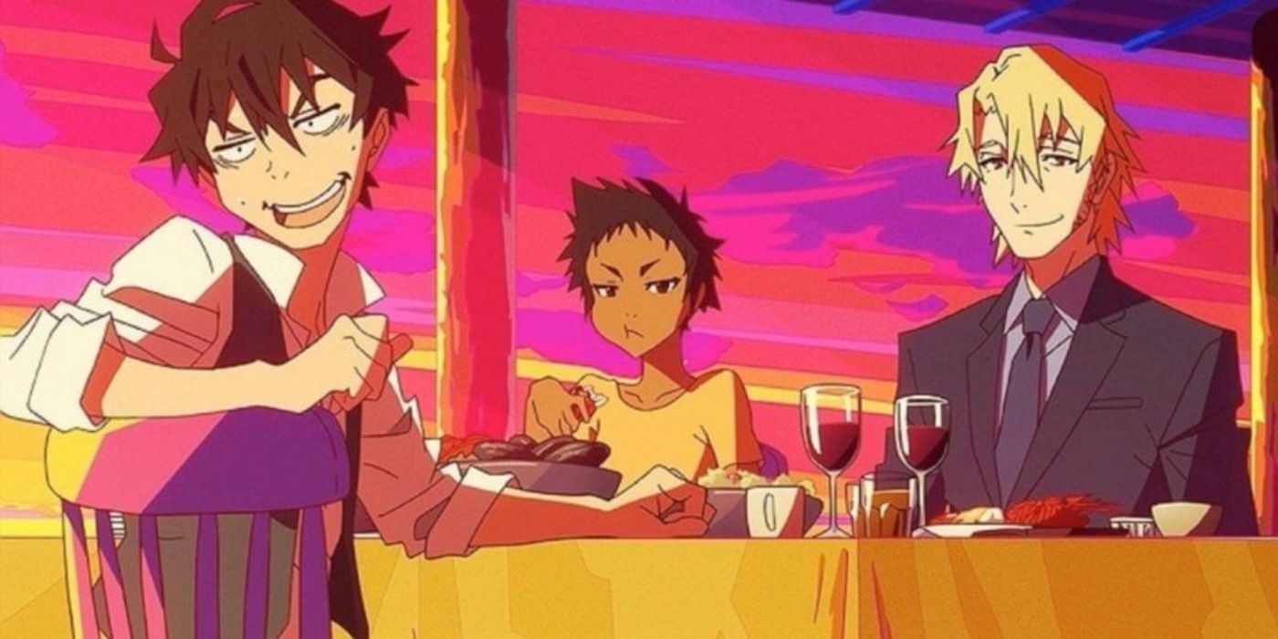 Makoto with a weird face at a fancy diner with Laurent and Abigail in Great Pretender