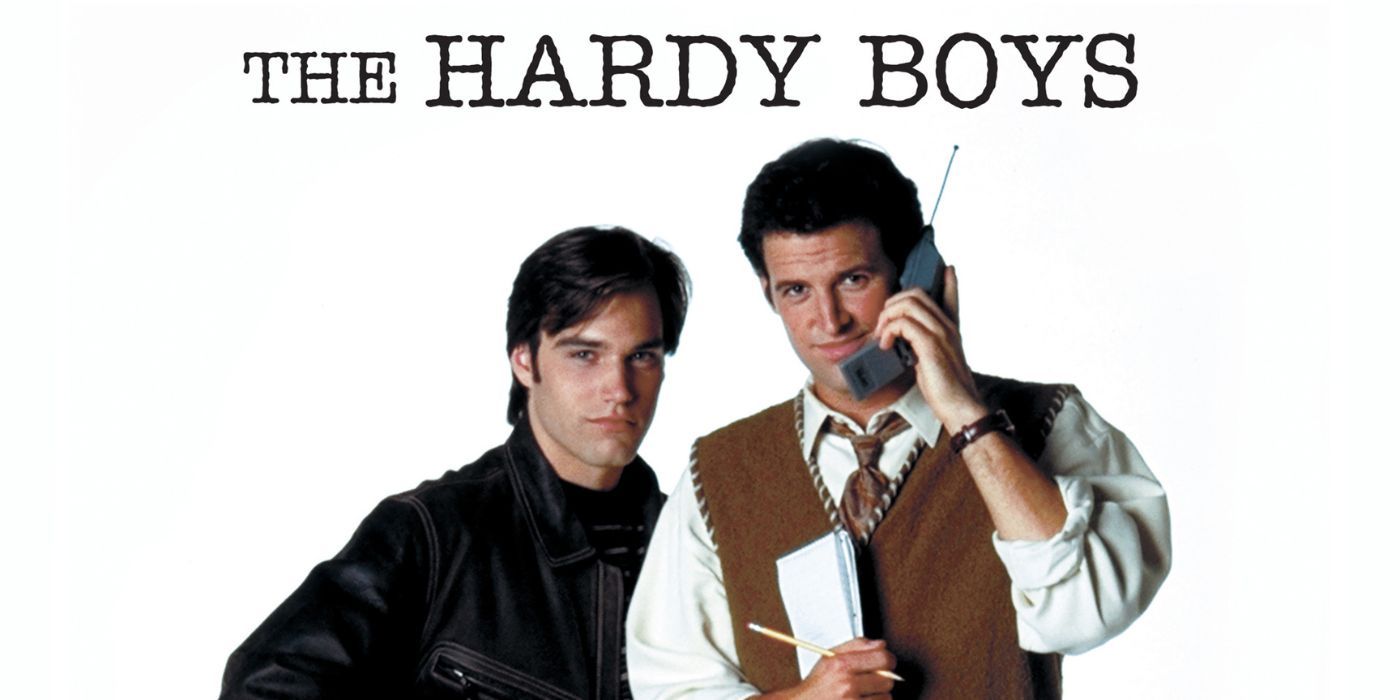 Promo image for 1995's The Hardy Boys with a cast member on the phone and the other wearing a leather jacket.