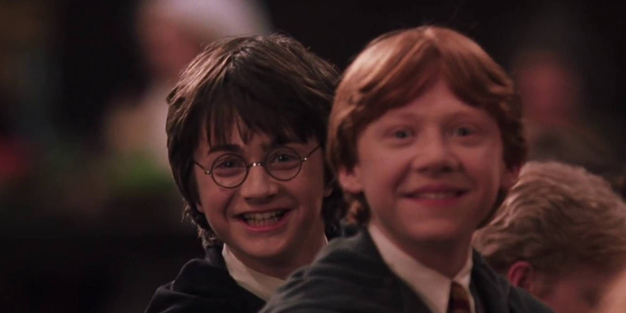 Harry and Ron look at Hermione smiling in Chamber of Secrets