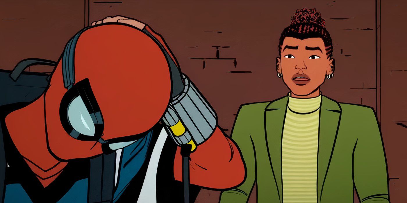 Harry looking at an embarassed Spider-Man in Your Friendly Neighborhood Spider-Man