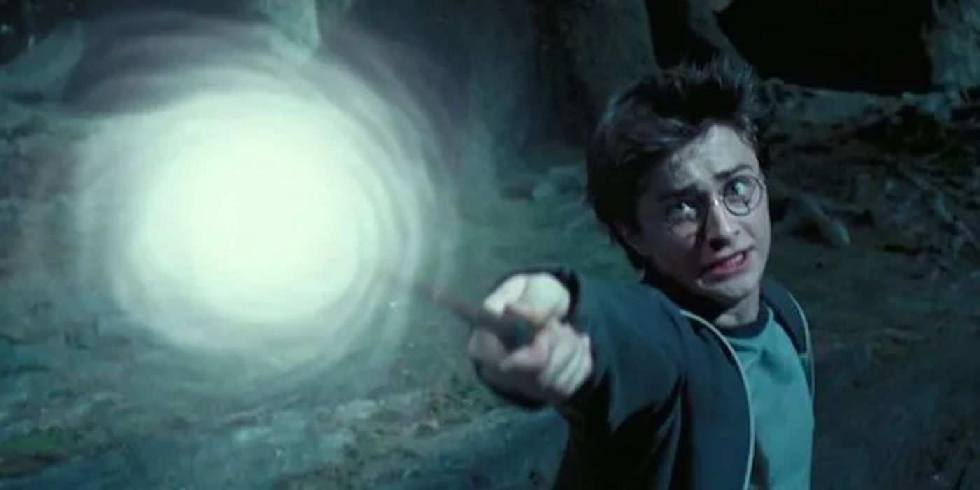 Daniel Radcliffe as Harry performs the spell Expecto Patronum in Harry Potter and the Prisoner of Azkaban.