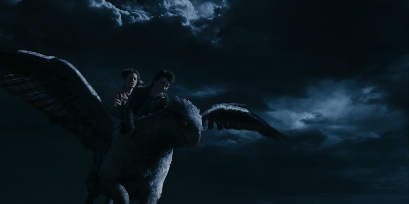 Harry Potter, played by Daniel Radcliffe, and Hermione, played by Emma Watson, riding Buckbeak in &lsquo;Harry Potter and the Prisoner of Azkaban.'