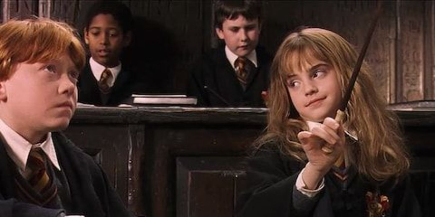 Hermione, played by Emma Watson, performing Wingardium Leviosa in Harry Potter and the Sorcerer's Stone.